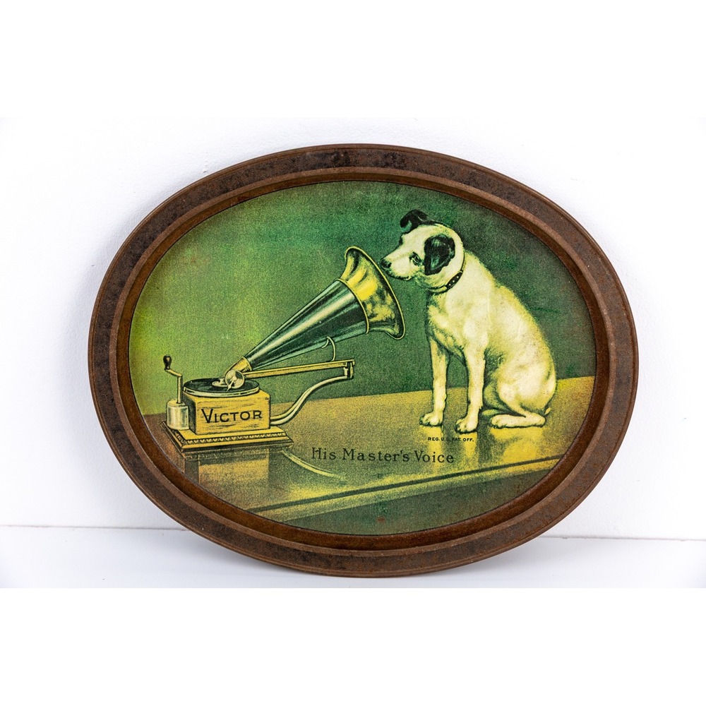 Vintage Victor His Masters Voice Nipper Dog Oval Tin Tray Rustic Music Decor 13"